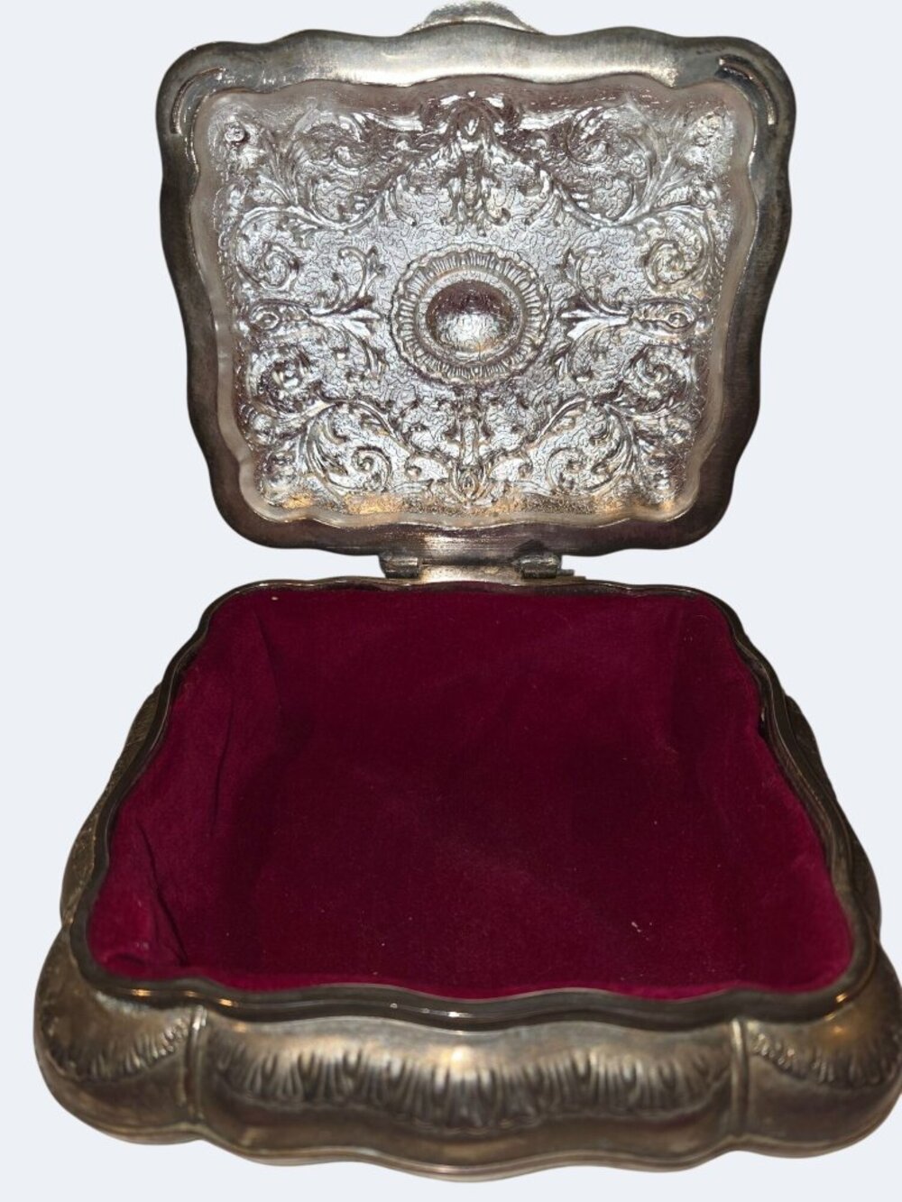Godinger Ornate Vintage Silver-Plated Jewelry Box Velvet Lining Floral Embossed
